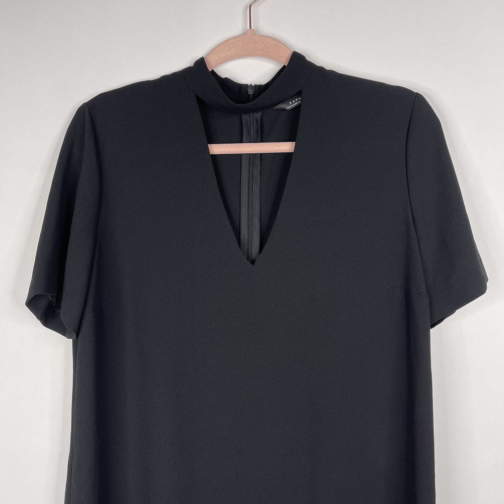 ZARA Plunge Choker Shift Dress Medium Black V-Neck Short Sleeve Back Zip #7289 - Picture 7 of 16